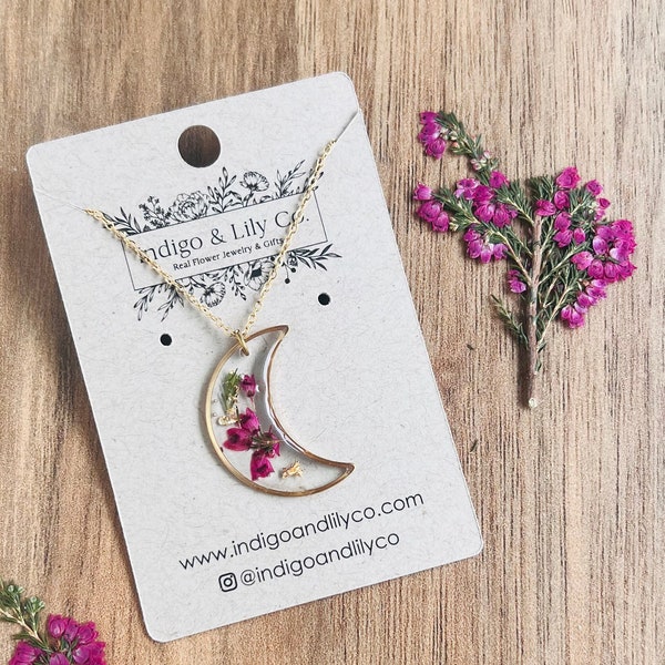 Moon Necklace, Heather Flower, Pressed Flower, Real Heather, Real Flower, Gift for Mom, Sister, Girlfriend, Maroon, Purple, Pink, Gold