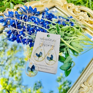 Bluebonnet Earrings, Necklace, Bluebonnet Jewelry, Real Pressed Bluebonnet, Mother, Gift, Texas, Lupine, Texas State Flower, Gold filled