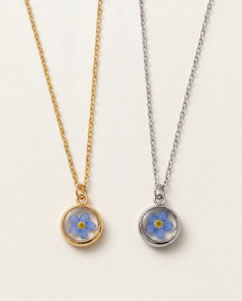 Real Forgetmenot Necklace, Forget me not, Flower, Blue, Pressed, Dried, Small, Bridesmaid, Gift for Her, Mom, Mother, Gold, Silver image 1