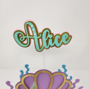 May include: A teal blue and gold cake topper with the name "Alice" in a cursive font. The topper is decorated with small white pearl-like embellishments.