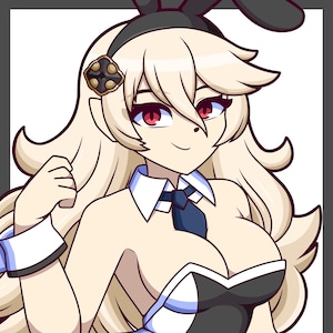 May include: Illustration of a cartoon character with long, wavy blonde hair and red eyes. The character wears a black bunny ear headband, a white collared shirt, and a black tie. The outfit includes a black and white top.