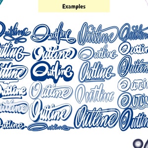 K&ouml;nnte beinhalten: Eine Sammlung von 18 Beispielen f&uuml;r das Wort "Outline", geschrieben in verschiedenen Kalligraphiestielen. Das Wort ist in Blau und Wei&szlig; mit einer Vielzahl verschiedener Schriftarten und Stile geschrieben.
