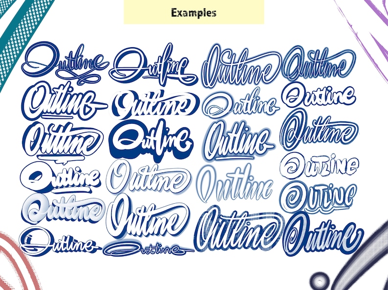 K&ouml;nnte beinhalten: Eine Sammlung von 18 Beispielen f&uuml;r das Wort "Outline", geschrieben in verschiedenen Kalligraphiestielen. Das Wort ist in Blau und Wei&szlig; mit einer Vielzahl verschiedener Schriftarten und Stile geschrieben.