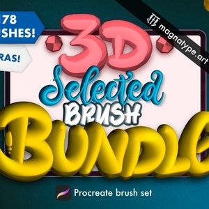 以下が含まれることがあります： 178個の3Dブラシを含むProcreateブラシセットのデジタルイラスト。テキスト「3D Selected Brush Bundle」は、カラフルな3Dの漫画スタイルです。