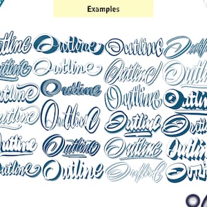 K&ouml;nnte beinhalten: Eine Sammlung von 20 verschiedenen Stilen des Wortes "Outline", geschrieben in einer fetten, blauen und wei&szlig;en Schriftart. Das Wort ist in einer Vielzahl von Stilen geschrieben, darunter 3D, umrandet und schattiert.