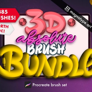 May include: A digital illustration of a Procreate brush set with 385 brushes. The text "3D absolute brush bundle" is in a 3D style with pink, yellow, and white colours. The text "385 brushes! Worth 90€!" is in a red box.