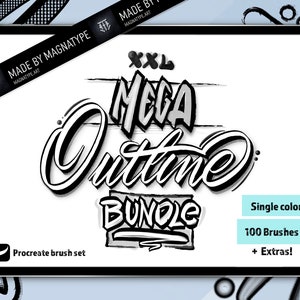 XXL アウトライン レタリング、カリグラフィー Procreate ブラシ バンドル。110 個のブラシを含むグラフィティ パック! すぐにダウンロードできます