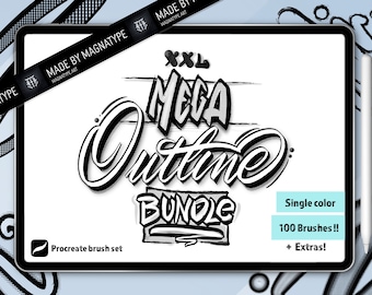 Pode incluir: Uma ilustração digital de um conjunto de pincéis Procreate para criar contornos. A imagem mostra a tela de um tablet com o texto "Mega Outline Bundle" em uma fonte em negrito e estilizada. Os textos "Single color" e "100 Brushes!!" também são visíveis na tela.