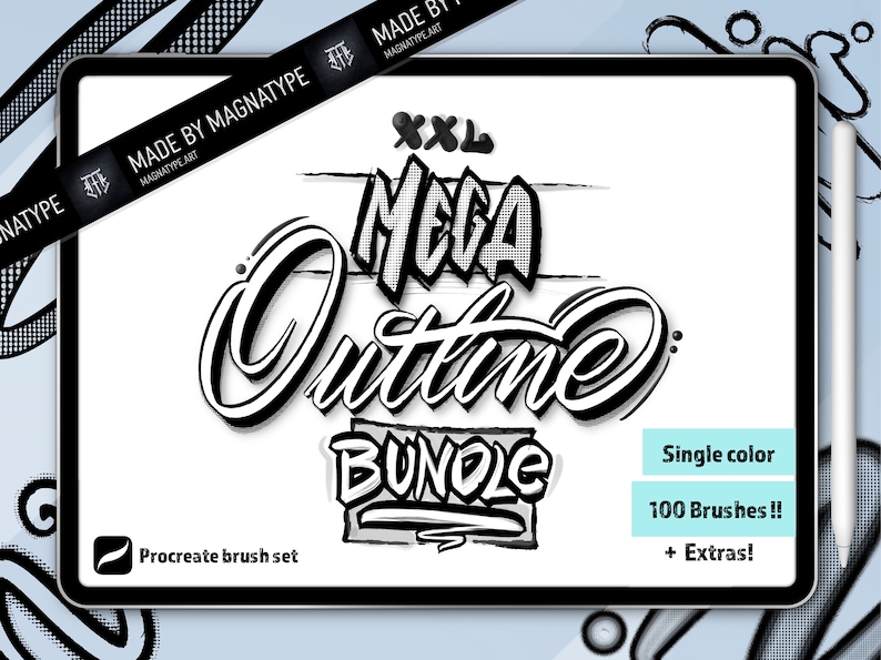 K&ouml;nnte beinhalten: Eine digitale Illustration eines Procreate-Pinselsets zum Erstellen von Umrissen. Das Bild zeigt einen Tablet-Bildschirm mit dem Text "Mega Outline Bundle" in einer fetten, stilisierten Schriftart. Der Text "Single color" und "100 Brushes!!" ist ebenfalls auf dem Bildschirm zu sehen.