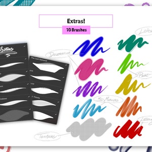 K&ouml;nnte beinhalten: Ein Satz von 10 digitalen Pinseln f&uuml;r die Verwendung in digitalen Zeichenprogrammen. Die Pinsel sind in die Kategorien "Dekorativ", "3D-Marker", "Lettering", "Malen" und "Textur" unterteilt. Die Pinselstriche werden in verschiedenen Farben angezeigt, darunter Blau, Gr&uuml;n, Lila, Pink, Gelb und Rot.