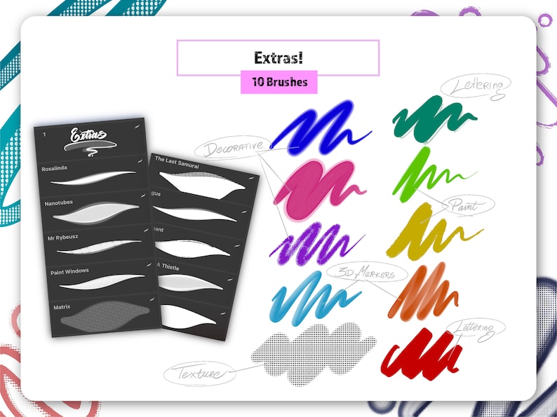 K&ouml;nnte beinhalten: Ein Satz von 10 digitalen Pinseln f&uuml;r die Verwendung in digitalen Zeichenprogrammen. Die Pinsel sind in die Kategorien "Dekorativ", "3D-Marker", "Lettering", "Malen" und "Textur" unterteilt. Die Pinselstriche werden in verschiedenen Farben angezeigt, darunter Blau, Gr&uuml;n, Lila, Pink, Gelb und Rot.