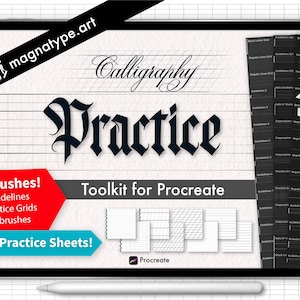 Kit de herramientas para la práctica de caligrafía para Procreate: pautas para la caligrafía, cuadrículas, pinceles y hojas en formato PDF para imprimir digitalmente, Copperplate, muestra