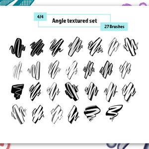 K&ouml;nnte beinhalten: Ein Satz von 27 schwarzen und wei&szlig;en, winkeltexturierten Pinseln. Die Pinsel sind in einem Rastermuster auf wei&szlig;em Hintergrund angeordnet. Der Text "Angle textured set" und "27 Brushes" wird oben im Bild angezeigt.