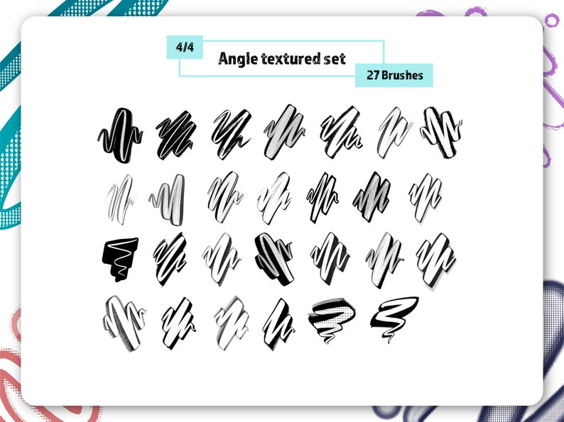 K&ouml;nnte beinhalten: Ein Satz von 27 schwarzen und wei&szlig;en, winkeltexturierten Pinseln. Die Pinsel sind in einem Rastermuster auf wei&szlig;em Hintergrund angeordnet. Der Text "Angle textured set" und "27 Brushes" wird oben im Bild angezeigt.