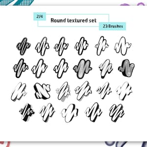 K&ouml;nnte beinhalten: Ein Set mit 23 runden, strukturierten Pinseln. Die Pinsel sind schwarz und wei&szlig; und haben verschiedene Texturen, darunter Punkte, Linien und Wirbel. Der Text "Round textured set" und "23 Brushes" ist oben im Bild sichtbar.