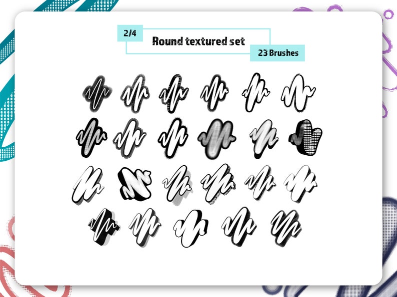 K&ouml;nnte beinhalten: Ein Set mit 23 runden, strukturierten Pinseln. Die Pinsel sind schwarz und wei&szlig; und haben verschiedene Texturen, darunter Punkte, Linien und Wirbel. Der Text "Round textured set" und "23 Brushes" ist oben im Bild sichtbar.