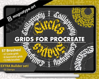 Pinceles de caligrafía para Procreate: Cuadrículas y sellos de letras góticas (Descarga digital)