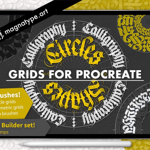 Kalligraphie Raster & Pinsel für Procreate | Kalligrafische Kreise | Formrichtlinien, Anleitungen | Gothic Pinsel Set | Instand download |
