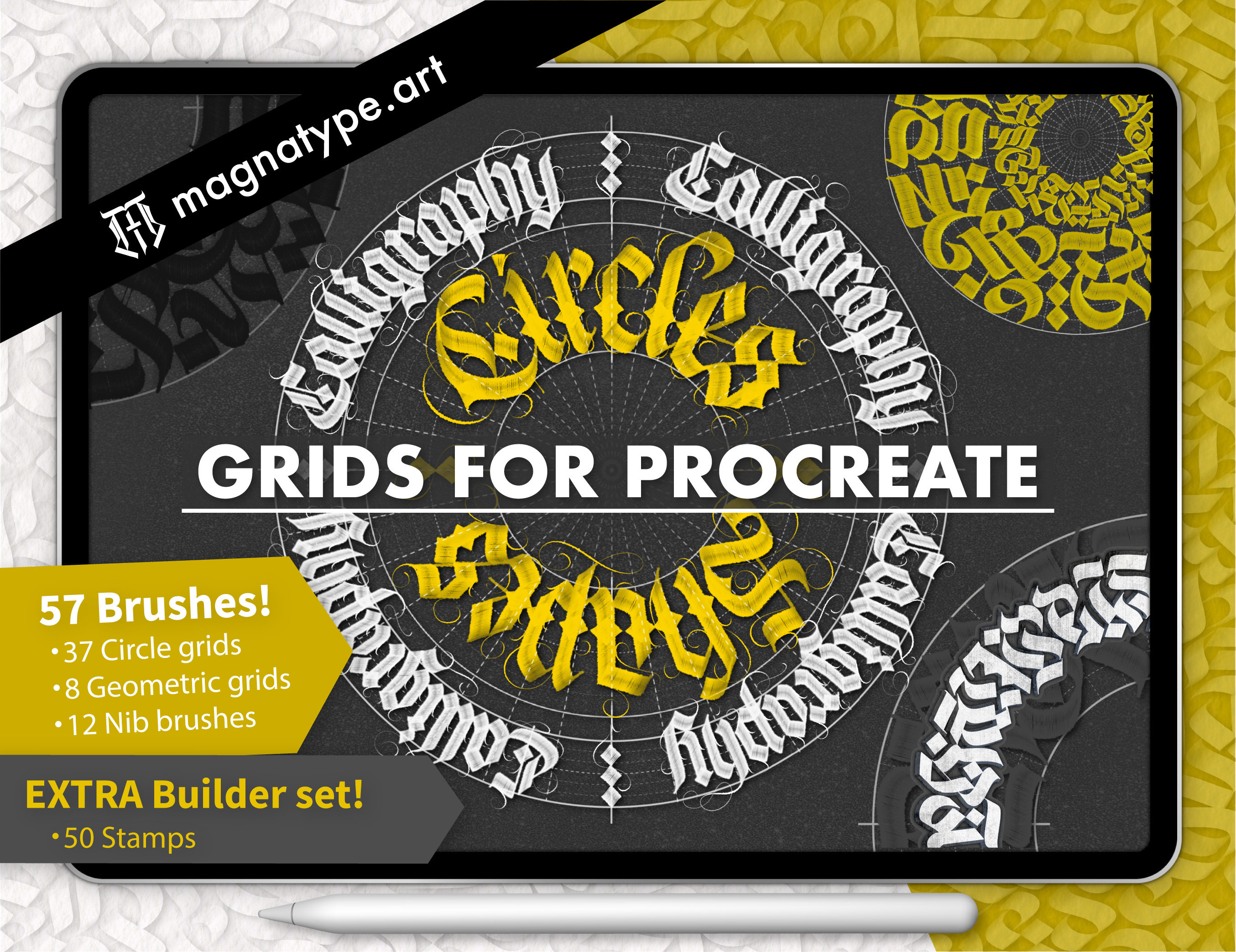 Rejillas y Pinceles de Caligrafía para Procreate — Círculos Caligráficos, Guías Geométricas, Set de Pinceles Blackletter + Builder