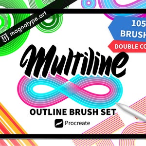May include: A digital illustration of a tablet screen displaying a set of 105+ double color outline brushes for Procreate. The image features a colorful infinity symbol and the text "Multiline Outline Brush Set".