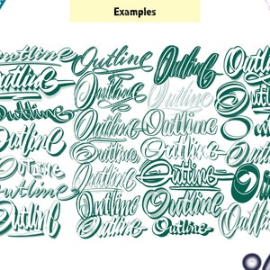 K&ouml;nnte beinhalten: Eine Sammlung des Wortes "Outline", geschrieben in verschiedenen Stilen und Farben. Das Wort ist in verschiedenen Schriftarten, Gr&ouml;&szlig;en und Farben geschrieben, darunter Wei&szlig;, Schwarz und Gr&uuml;n.