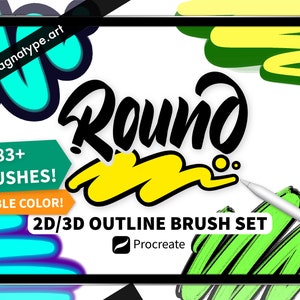 Pędzle 2D/3D Round Outline Double Color do Procreate | Zestaw pędzli do kaligrafii, napisów, graffiti | Pędzel 3D | Kolory | Natychmiastowe pobranie