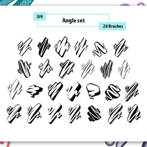 K&ouml;nnte beinhalten: Ein Satz von 26 schwarzen und wei&szlig;en Pinselstrichen in verschiedenen Winkeln. Der Text "Angle set" und "26 Brushes" befindet sich oben im Bild.
