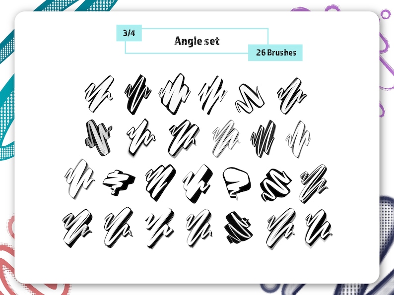 K&ouml;nnte beinhalten: Ein Satz von 26 schwarzen und wei&szlig;en Pinselstrichen in verschiedenen Winkeln. Der Text "Angle set" und "26 Brushes" befindet sich oben im Bild.