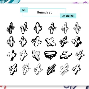 K&ouml;nnte beinhalten: Ein Satz mit 24 runden Pinseln in Schwarzwei&szlig;, mit verschiedenen Formen und Gr&ouml;&szlig;en. Der Text "Round set" und "24 Brushes" ist oben im Bild zu sehen.
