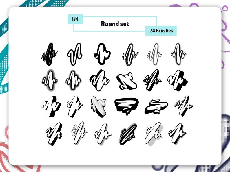 K&ouml;nnte beinhalten: Ein Satz mit 24 runden Pinseln in Schwarzwei&szlig;, mit verschiedenen Formen und Gr&ouml;&szlig;en. Der Text "Round set" und "24 Brushes" ist oben im Bild zu sehen.