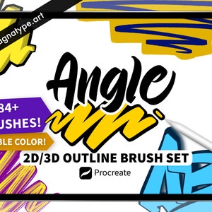2D/3D Angle Outline Double Color brushes for Procreate | Calligraphy lettering bundle | graffiti brush set | Double Color | Instant download