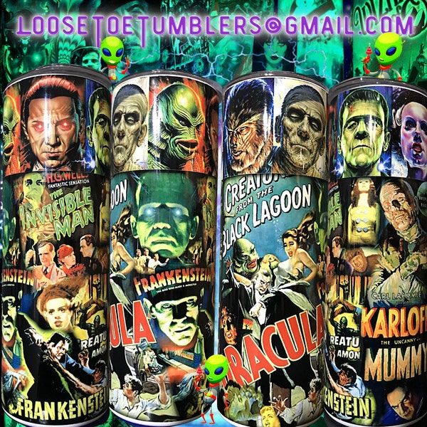 Classic Monsters Wolf Man Bride Frankenstein Invisible Dracula Creature Halloween Horror Scary Movie Tumbler cup Coaster Set lid & straw