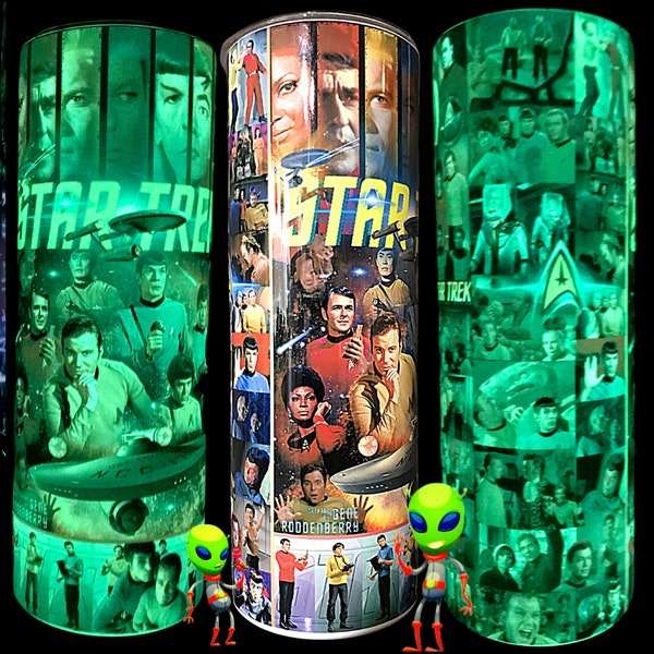 Original Cult Classic Sci-Fi programa de televisión estrella espacial extraterrestre Brilla en verde oscuro Azul Rojo Naranja Vaso con tapa y pajita