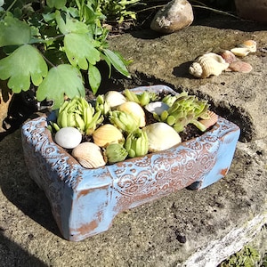 Vaso per piante in ceramica fatto a mano con senecio e conchiglie – rilievo azzurro chiaro e aspetto naturale, realizzato in un unico pezzo, cotto ad alta temperatura