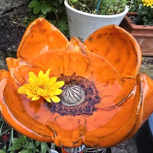 Könnte beinhalten: Ein leuchtend orangefarbenes Vogelbad aus Keramik in Blumenform mit einer gelben Blüte in der Mitte. Das Vogelbad hat eine metallisch-silberne Mitte und ist von Grün und Stein umgeben. Durchmesser ca. 30 cm.