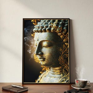 May include: Framed art print of a serene Buddha statue. The artwork features a detailed depiction of the Buddha's face with closed eyes, rendered in shades of teal and gold. Intricate floral patterns and crackle effects add to the artistic appeal. The print is displayed on a wooden surface.