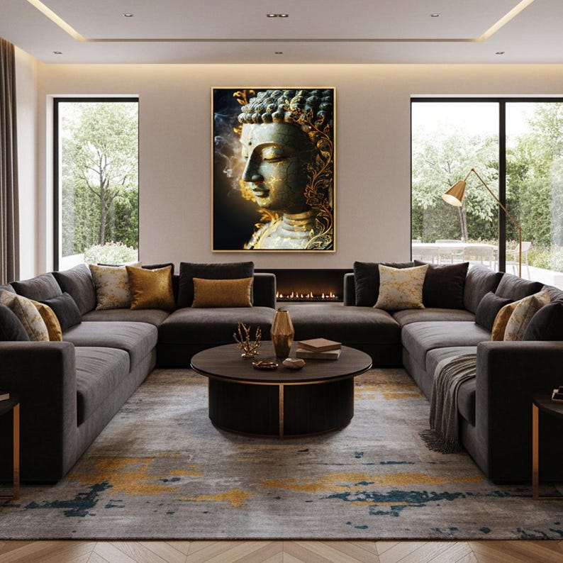 May include: A modern living room featuring a large gray sectional sofa, a round coffee table, and a patterned rug. A framed Buddha portrait hangs above a fireplace. Decorative pillows in gold and brown add color.