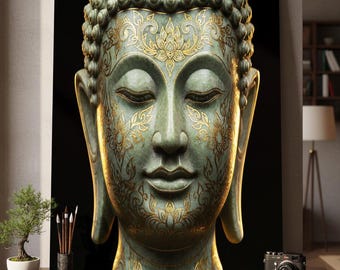 Buddha Wall Art Printable, Zen Buddha Head, Meditation Decor, Spiritual Gold Buddha, Yoga Room Digital Download