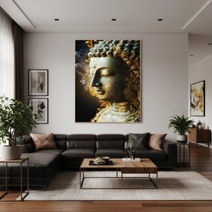 May include: A large framed canvas print of a serene Buddha statue. The artwork features a detailed depiction of the Buddha's face with gold accents and a crackled, aged appearance. The background is dark, with wisps of smoke.