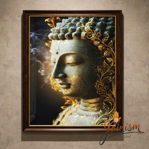 May include: A framed print of a serene Buddha head. The sculpture is a teal color with gold accents and intricate floral designs. The artwork is set against a dark background with wisps of smoke, and the frame is a dark brown.