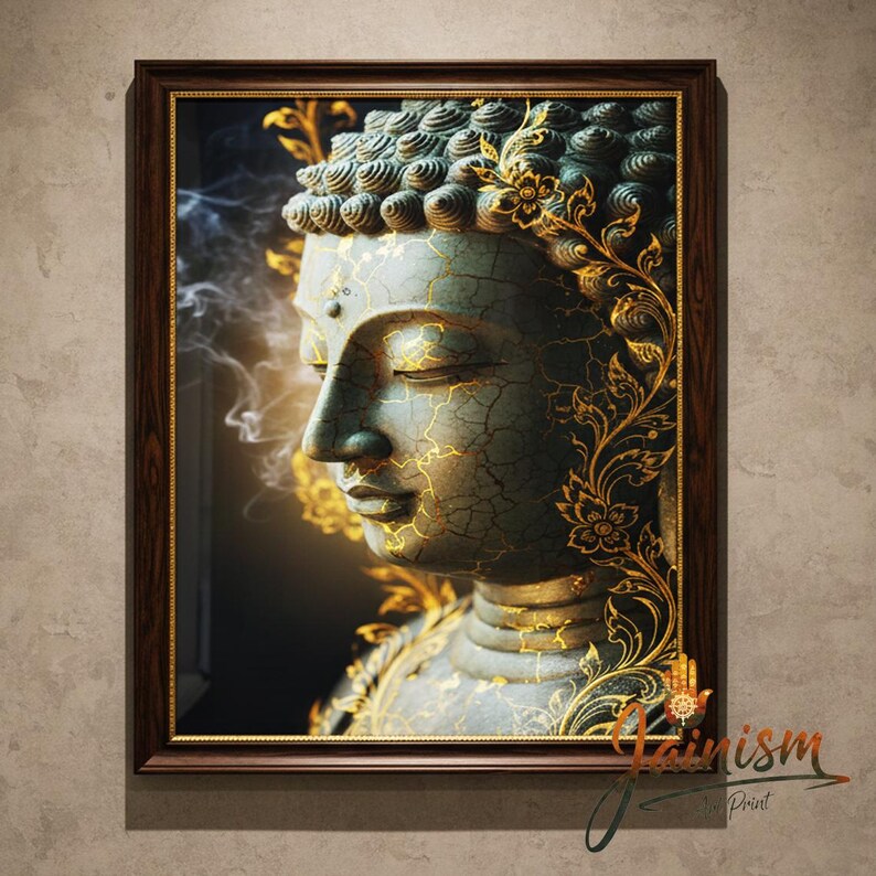 May include: A framed print of a serene Buddha head. The sculpture is a teal color with gold accents and intricate floral designs. The artwork is set against a dark background with wisps of smoke, and the frame is a dark brown.
