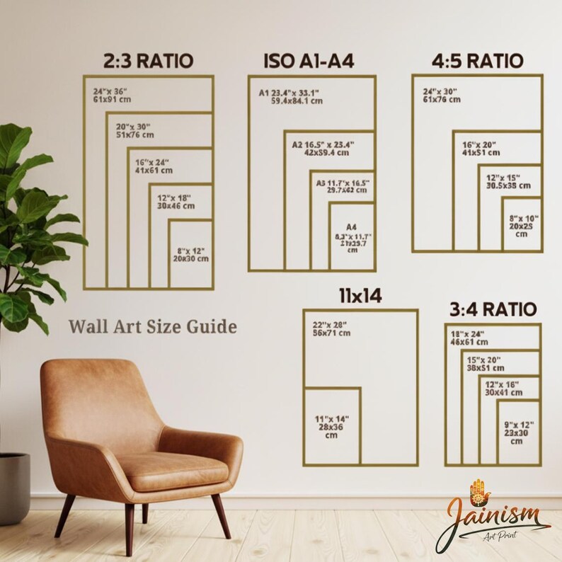 May include: Wall art size guide with dimensions in inches and centimeters. The guide includes ratios such as 2:3, 4:5, and 3:4, along with ISO A1-A4 sizes. A brown leather armchair sits in front of the guide. The Jainism Art Print logo is in the bottom right corner.