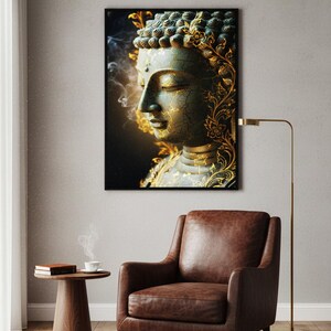 May include: A framed print of a serene Buddha statue. The artwork features a detailed depiction of the Buddha's face with gold accents and intricate floral patterns. The color palette includes shades of green, gold, and black.