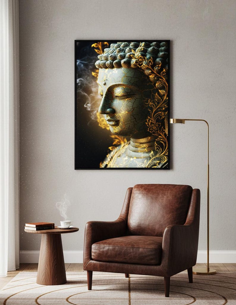 May include: A framed print of a serene Buddha statue. The artwork features a detailed depiction of the Buddha's face with gold accents and intricate floral patterns. The color palette includes shades of green, gold, and black.