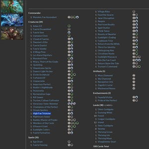 K&ouml;nnte beinhalten: Eine detaillierte Liste von Magic: The Gathering-Karten, mit einem Kommandeur, Kreaturen, Artefakten, Verzauberungen, L&auml;ndern und Zauberspr&uuml;chen. Der Text ist wei&szlig; auf dunklem Hintergrund, mit Kartennamen und Manakosten.