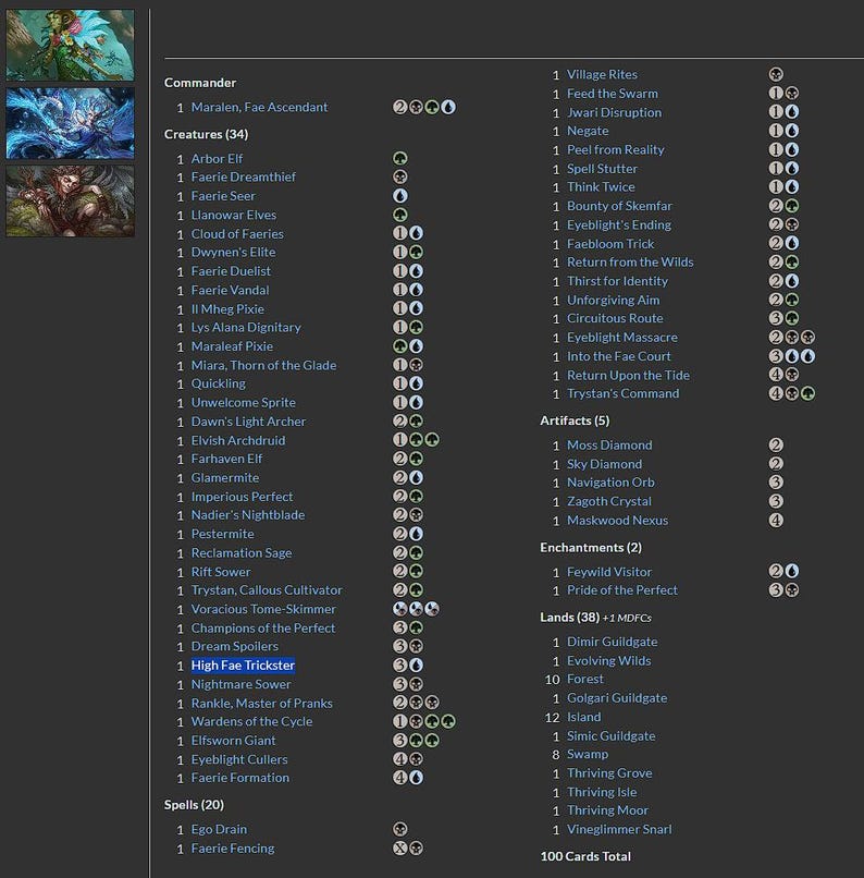 K&ouml;nnte beinhalten: Eine detaillierte Liste von Magic: The Gathering-Karten, mit einem Kommandeur, Kreaturen, Artefakten, Verzauberungen, L&auml;ndern und Zauberspr&uuml;chen. Der Text ist wei&szlig; auf dunklem Hintergrund, mit Kartennamen und Manakosten.