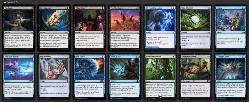 K&ouml;nnte beinhalten: Eine Sammlung von Magic: The Gathering Sammelkarten, jede mit einzigartigen Kunstwerken und Texten. Die Karten zeigen verschiedene Fantasy-Themen, darunter Zauberspr&uuml;che, Kreaturen und Landschaften, mit einer Mischung aus Farben und Designs.