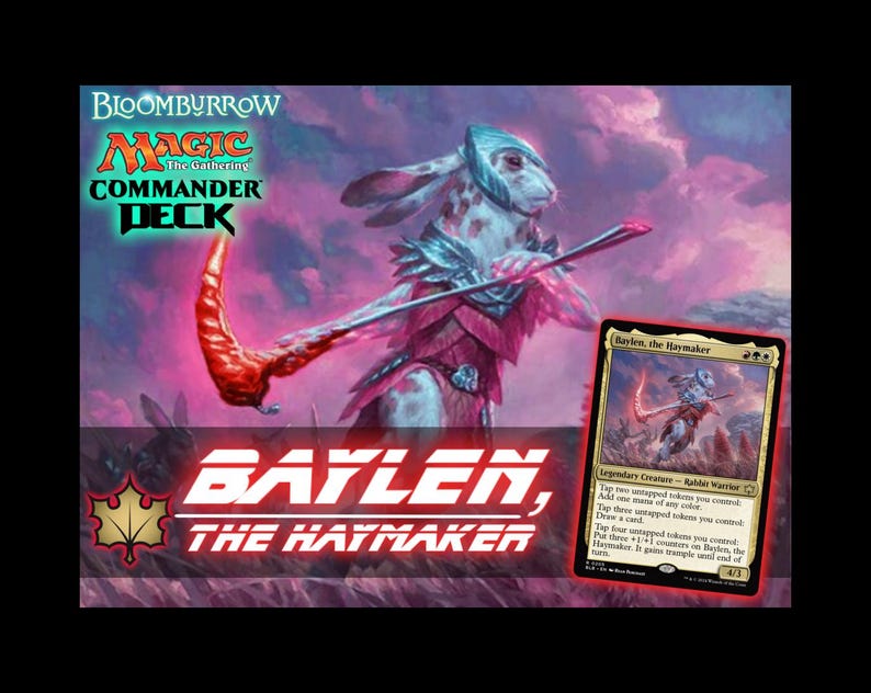Pu&ograve; includere: Una scatola di Magic: The Gathering Commander Deck con il titolo "Bloomburrow" e il testo "Baylen, the Haymaker". L'immagine presenta un guerriero coniglio con arco e freccia e una carta con lo stesso personaggio.