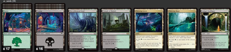 K&ouml;nnte beinhalten: Eine Sammlung von Magic: The Gathering Landkarten. Die Karten zeigen verschiedene Fantasy-Landschaften in Gr&uuml;n-, Blau- und Graut&ouml;nen. Die Karten sind mit ihrem Landtyp und Manasymbolen beschriftet. Das Bild enth&auml;lt insgesamt 33 Karten.