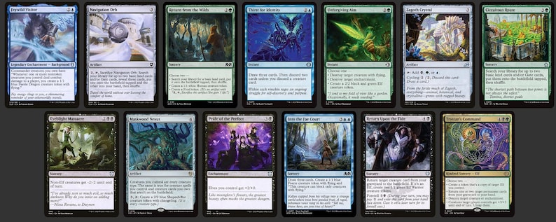 K&ouml;nnte beinhalten: Eine Sammlung von zw&ouml;lf Magic: The Gathering Sammelkarten. Die Karten zeigen verschiedene Fantasy-Kunst und Text, mit einer Mischung aus Farben wie Blau, Gr&uuml;n, Schwarz und Gold. Jede Karte hat ein einzigartiges Design und einen Titel.